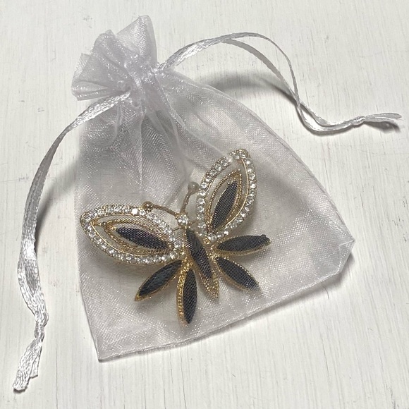 Gold Black Rhinestone Bead Butterfly Brooch Pin Accessory Vintage Classic Retro - Picture 9 of 9